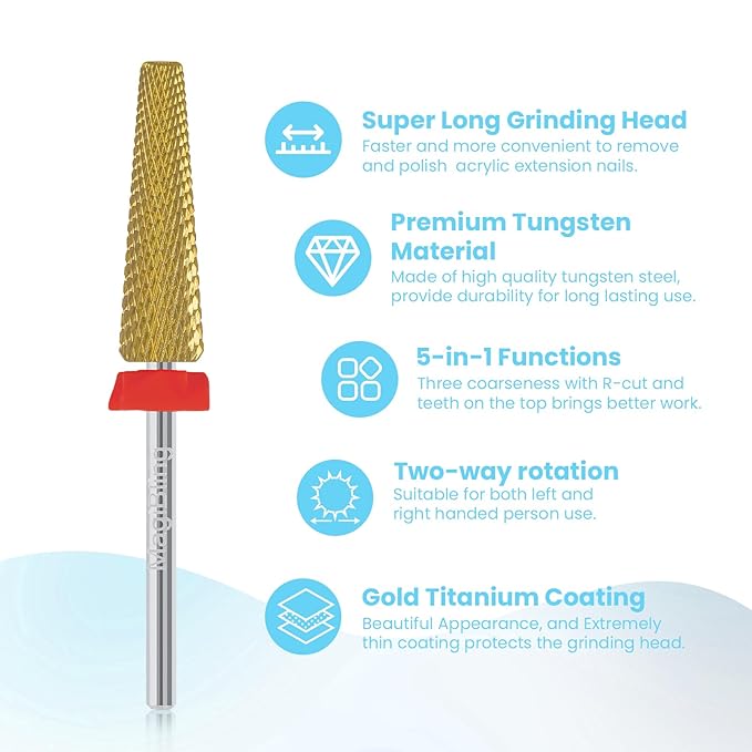 24mm Super Long 5 in 1 Nail Drill Bits, Professional 3/32'' Tungsten Carbide Bits, Fast Gel Removal for Long Acrylic Nails, Left Right Hand Use, Manicure Cuticle Hard Gel Polishing, Fine