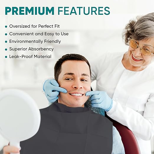 Amira Beauty Disposable Dental Bibs 13" x 18" – 3-Ply, Soft, Tear-Resistant, Waterproof Bibs for Dental, Nail, and Salon Professionals, Tattoo Napkins for Piercing, Black, Bulk Pack of 50