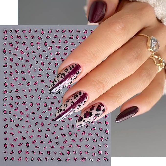 Leopard Nail Stickers Fall Nail Decals 6PCS 3D Self-Adhesive Pink White Brown Leopard Print Nail Design Stickers Cute Autumn Nail Art Supplies Fall Nail Art Sticker for Women DIY Nail Decorations