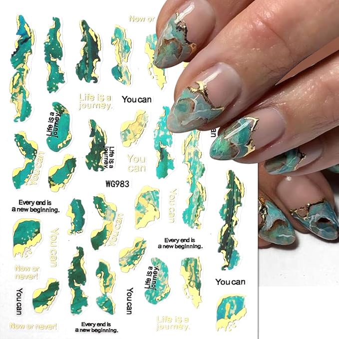3D Marble Nail Stickers - 6 Color Marble Decals, Blooming Nail Art, Bronzing & Watercolor Smudge Resistant, Self-Adhesive Gold Foil Designs
