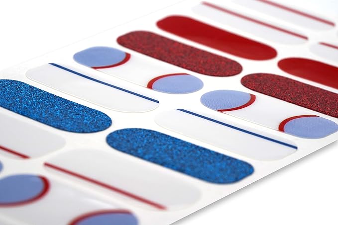 | Nail Polish Strips | 20 Stylish Strips | Brighter, Thicker, Tougher | Includes Cuticle Stick, Nail File, & Nail Wipes (Hockey Blue & Red Glitter)