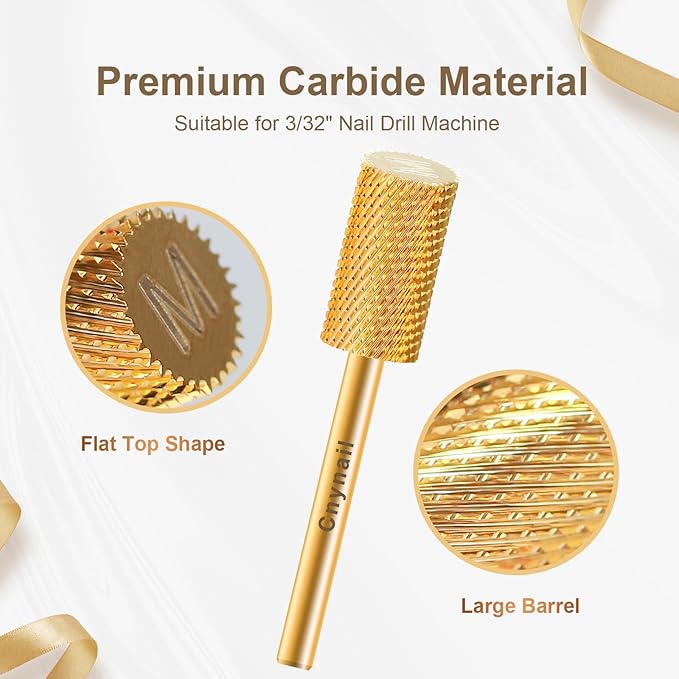3/32" Large Barrel Flat Top Tungsten Carbide Nail Drill Bit Safety Bit for Gel & Acrylic Removal, 2-Way Rotating Efile Tip, Salon Electric File Accessory (M Grit, Gold)