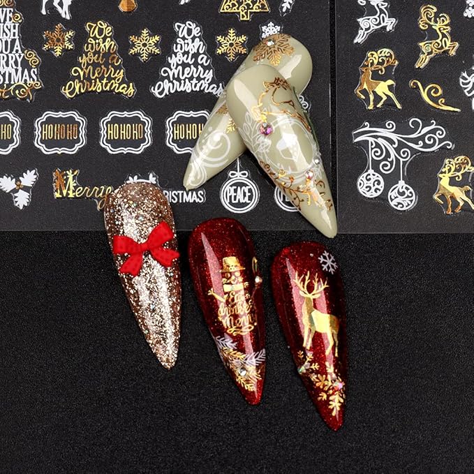 9 Sheets Christmas Nail Art Stickers Decals Self-Adhesive Pegatinas Uñas Gold White Nail Supplies Nail Art Design Decoration Accessories
