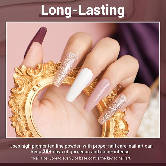 AZUREBEAUTY Dip Powder Nail Starter Kit White Mauve Glitter Champagne, Dipping Powder 4 Colors Set, French Nail Art Base Top Coat Activator Liquid Manicure DIY Salon 12 PCS