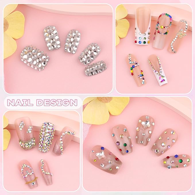 5400Pcs Glass Crystal Small Rhinestones for Nail Art, Tiny AB Clear Colorful Rhinestone Flatback Bedazzling Gems, Nail Rhinestones and Gems Crystals Charms for Acrylic Tips Manicure Decor