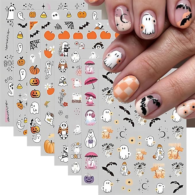 8 Sheets Halloween Nail Art Stickers Cute Flower Ghost Pumpkin Nail Decals Spooky Ghost Spider Web Bats Nail Design Stickers Floral Star Moon Nail Art Supplies for Women Holiday Nail Art Decorations