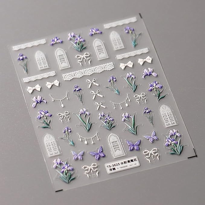 Flower Nail Sticker, 5D Embossed Iris Floral Nail Art Stickers Self-Adhesive Bows Butterfly Nail Decals for Women Nail Supplies Art Design Sticker(1, Iris Flower)