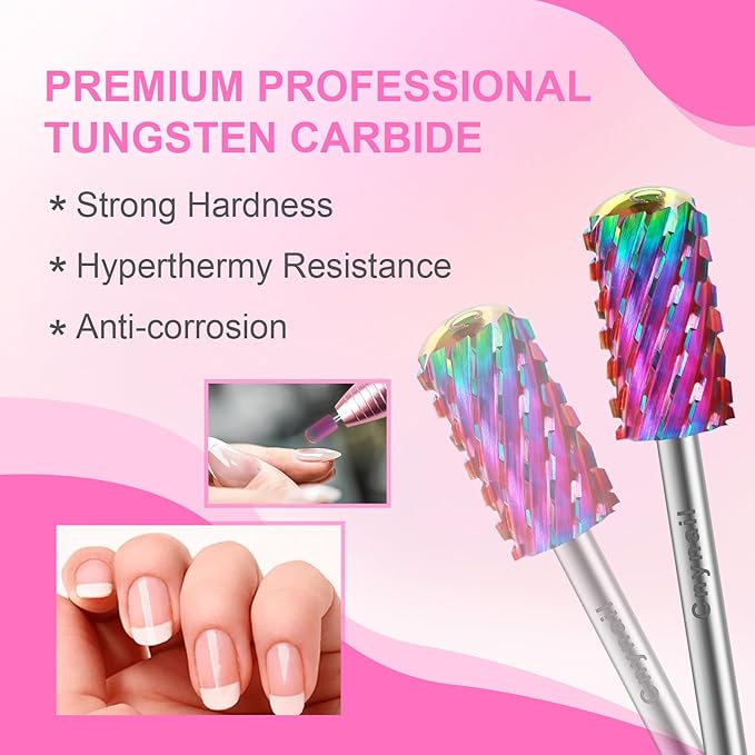 3/32" 2PCS Large Barrel Smooth Round Top Tungsten Carbide Nail Drill Bit Safety Bit for Gel & Acrylic Removal, 2-Way Rotating Efile Tip, Salon Electric File Accessory (3XC Grit, Multicolor)