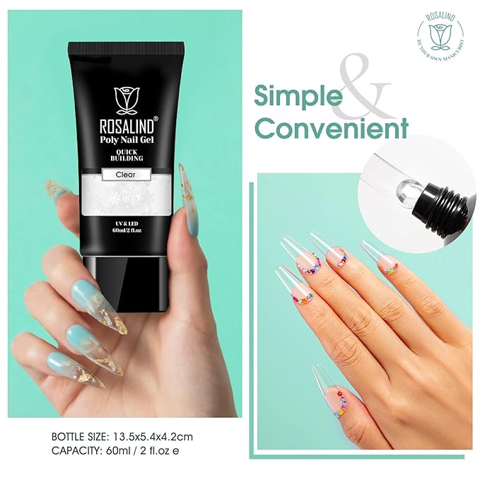 ROSALIND 2 oz Clear Poly Nail Gel - Professional Nail Extension Gel for Long Lasting DIY & Salon Nails, Quick Dry UV/LED Light Cured Transparent Nail Builder Clear Gel Summer