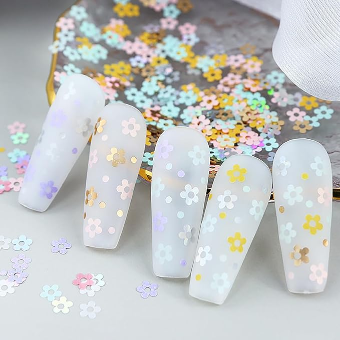Flower Nail Art Glitter Sequins, 6 Grids Floral Sparkly Nail Glitter Flakes Designs, Shiny Flower Confetti Acrylic Supplies for Women Girls Manicure Charms Holiday Decorations, Resin Nail Art Tips