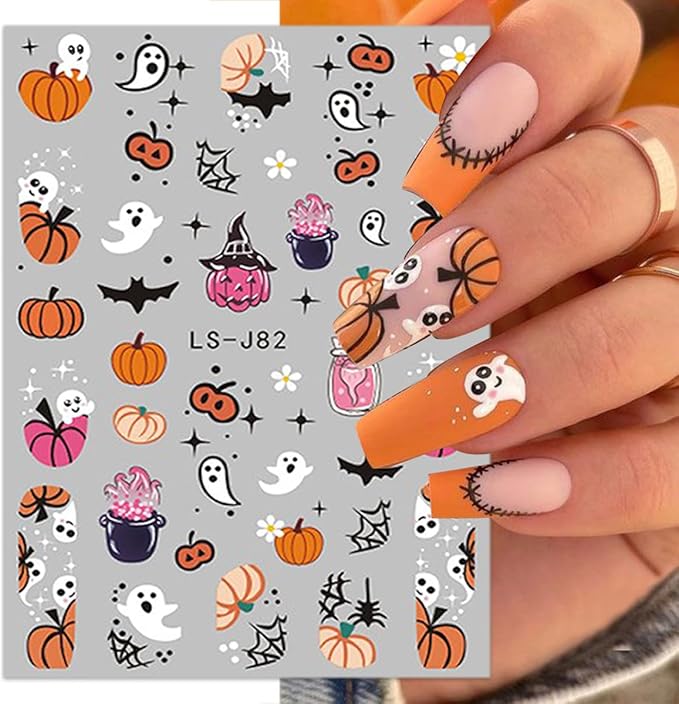6 Sheets Halloween Nail Art Stickers 3D Cute Ghost Nail Decals Pumpkin Skull Cat Spooky Spider Web Bat Self-Adhesive Design Gothic Nail Stickers Nail Art Supplies for Women Acrylic Nails Decorations