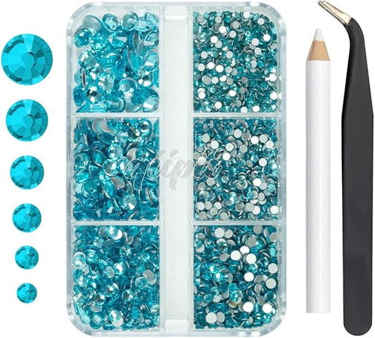2550pcs Water Blue Aquamarine Nail Art Flatback Rhinestones for Face Makeup Lake Blue Nail Gems Gemstones K9 Glass SS4~SS20 6 Sizes Diamonds Stones Crystals w Tweezer & Picking Pen