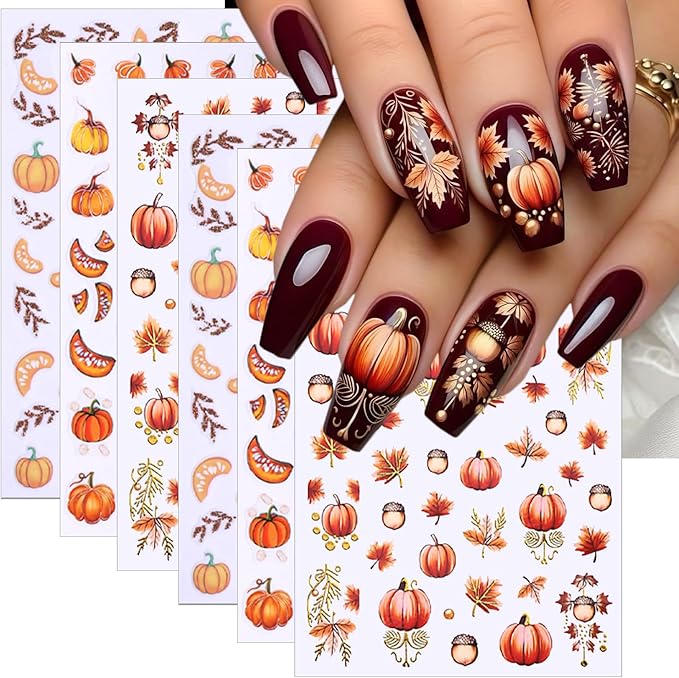 6 Sheets Fall Nail Art Stickers Pumpkin Fall Maple Leaf Nail Decals Fallen Leaves Nails Designs 3D Self-Adhesive Thanksgiving Nails Stickers Autumn Nail Art Supplies for Women DIY Manicure Art Kit