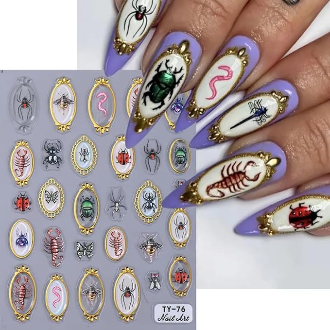 Insect Nail Art Stickers Decals 5D Embossed Nail Art Decals 5D Nail Stickers Amber Spider Ladybug Scorpion Butterfly Insect Nails Designs Cute Halloween Nail Accessories for Acrylic Nails Decorations