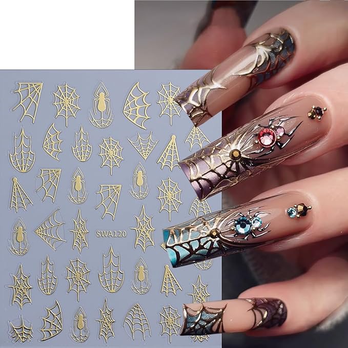 8Pcs Spider Nail Art Stickers 3D Self Adhesive Horror Goth Nail Decals Black White Gold Silver Halloween Nail Stickers Holiday Nail Design Supplies Spider Web Sticker for Women Manicure Decoration