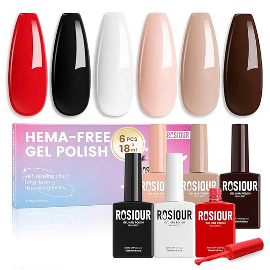 18ML Gel Nail Polish Set, 6 HEMA-Free Gel Polish Colors Balck White Red Nude Pink Dark Brown All Season Nail Polish Kit Soak off Uv Nail Art Gel Design for Women Girl Gift Salon DIY