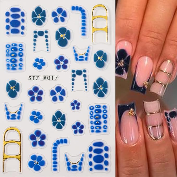 4 Sheets Flower Nail Art Stickers Decals Red Brown Blue Flowers Nail Stickers 3D Embossed Self-Adhesive French Tip Gold Line Nail Decals for Women