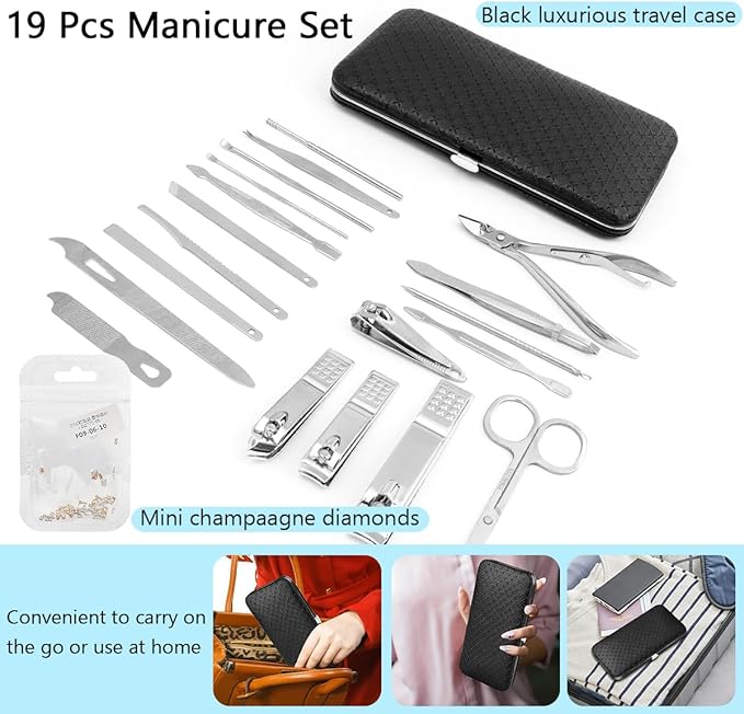 19 Pcs Nail Clippers Set, Stainless Steel Manicure & Pedicure Kit, Professional Finger Nail Trimming & Grooming Kit for Men and Women