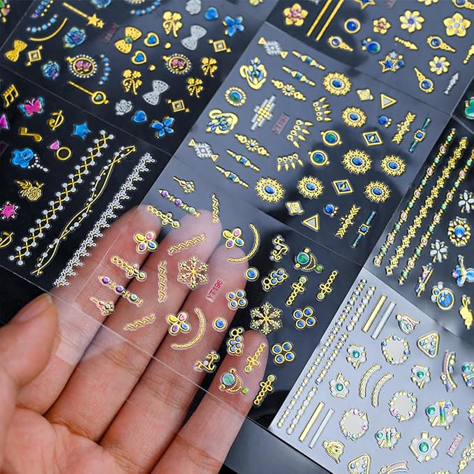 30 Sheets Gold Nail Art Stickers Blue Diamond Nail Design Stickers Heart Self Adhesive Acrylic Nail Supplies 3D Cute Floral Nail Decorations for Women Girls