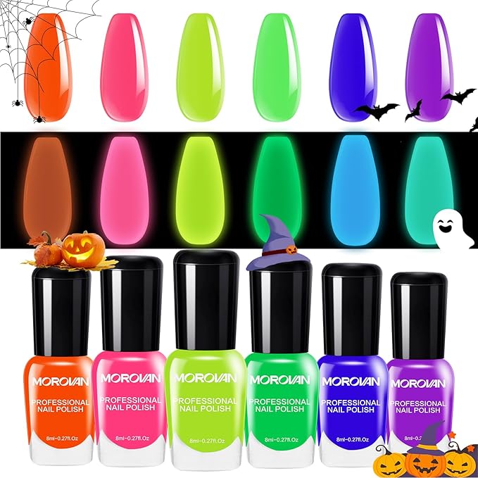 Morovan Neon Nail Polish Set: Glow in The Dark Halloween Fingernail Polish Kit Air Quick Dry Regular Nail Polish Pack for Nail Art Gift Holiday Party