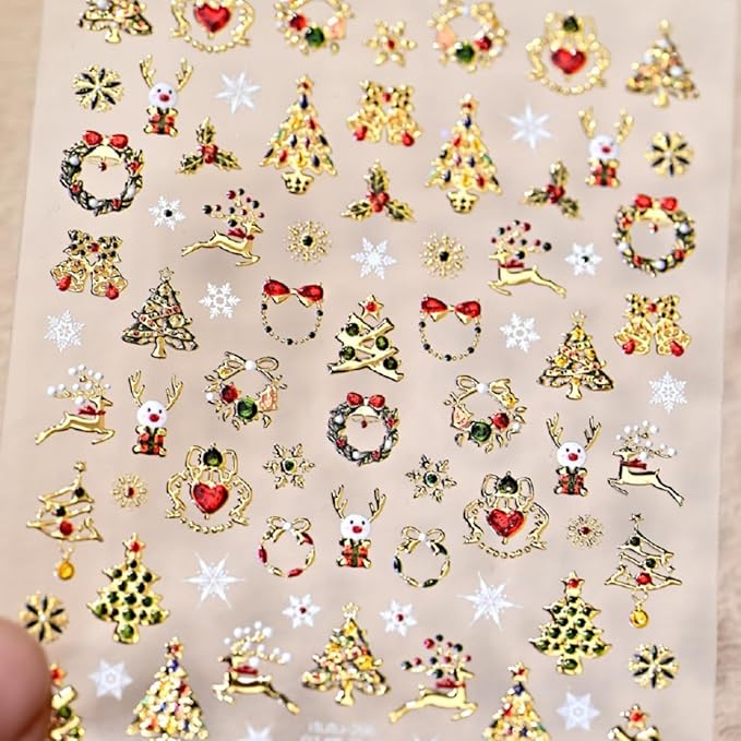 Christmas 5D Embossed Nail Sticker Gold Snowman Reindeer Xmas Tree Nail Designs Self Adhesive Nail Decals Snowflake Nail Art Sticker for Nails Decoration Supplies for Women Girls DIY Manicure