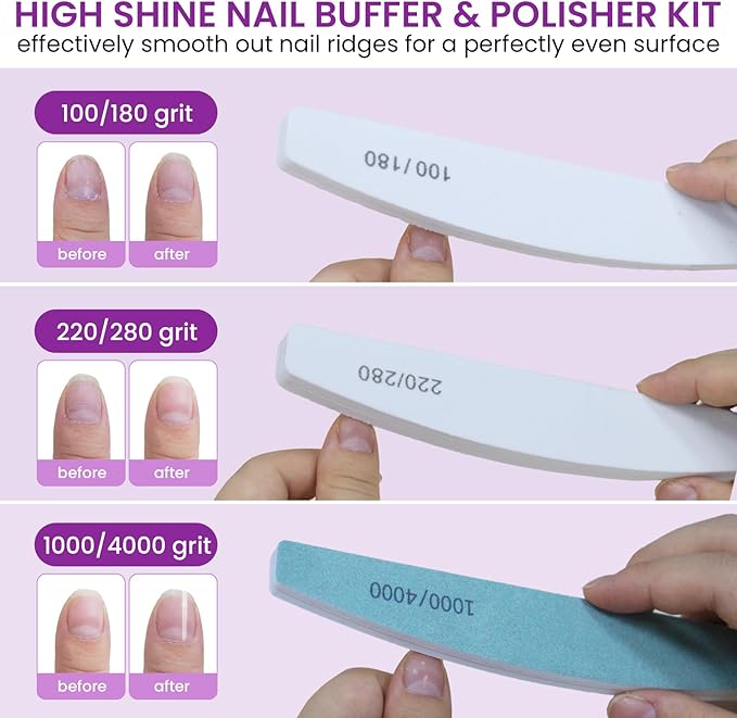 6 PCS Nail File Buffer Set for File/Buffer/Shine, Nail Files Kit for Natural Acrylic Nail, Emery Boards for Thick Nails, 100/120/150/180/220/240/280/1000/4000 Grit for Salon and Home