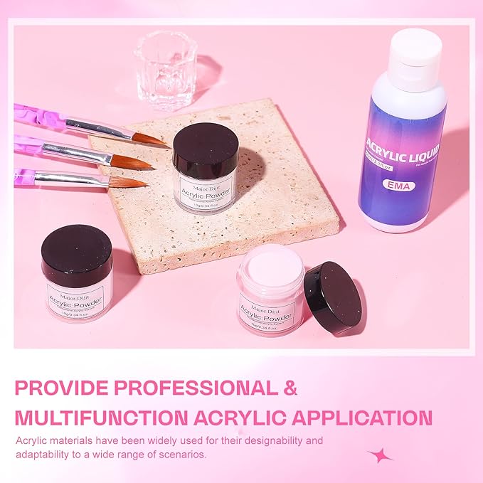 Major Dijit Acrylic Nail Kit with Drill - Starter Set with White Pink Clear Acrylic Powder, 6 Gel Polishes, UV LED Lamp, Nail Decorations and Tools for Home Manicure