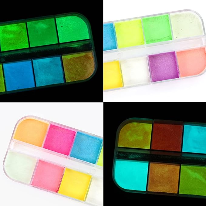 12 Colors Luminous Pigment Nail Powder Holographic Night Fluorescent Pigments Dust Nail Art Design Glow Nail Powders Gradient Iridescent Nail Glitters Supplies for Nail Art Gel Polish Dipping Powder