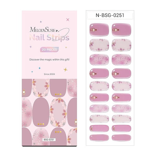 MelodySusie Semi Cured Gel Nail Strips (Pink Petals), 20 PCS Gel Nail Stickers, Flowers Gel Nail Wraps, UV Light Required, Durable and Salon Quality