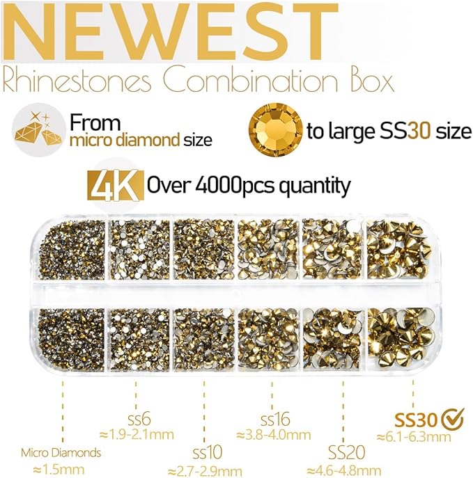 4010pcs Mine Gold Nail Art Rhinestones Kit Makeup Glue Fix Flatback Rhinestones Metallic Golden Nail Charms 6 Sizes (1.6-6.1mm) Up to SS30 Round Nail Gems Stones w Picking Pen for Nail Eye Face Makeup