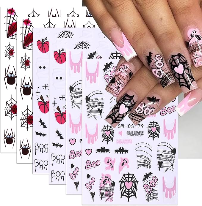 6 Sheets Halloween Nail Stickers Spider Web Nail Art Stickers Ghost Nail Decals Black Pink Red Bat Heart Boo Design Pumpkin Nail Sticker for Nail Art for Women DIY Holiday Salon Manicure