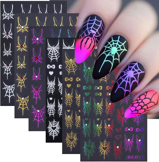 6 Sheets Halloween Nail Art Stickers Decals 3D Self-Adhesive Spider Nail Decals with Rhinestones Designs White Gold Rainbow Bow Spider Web Nails Decorations Holiday Nails Art Supplies for Women Girls