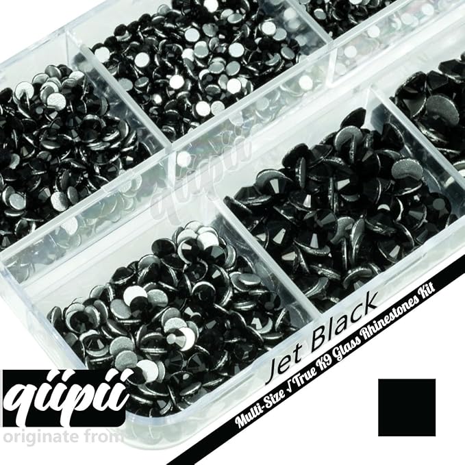 2550pcs Jet Black Nail Art Flatback Rhinestones for Face Makeup Pure Black Nail Gems Gemstones K9 Glass SS4~SS20 6 Sizes Dark Black Diamonds Stones w Tweezer & Picking Pen for Nails DIY Crafts