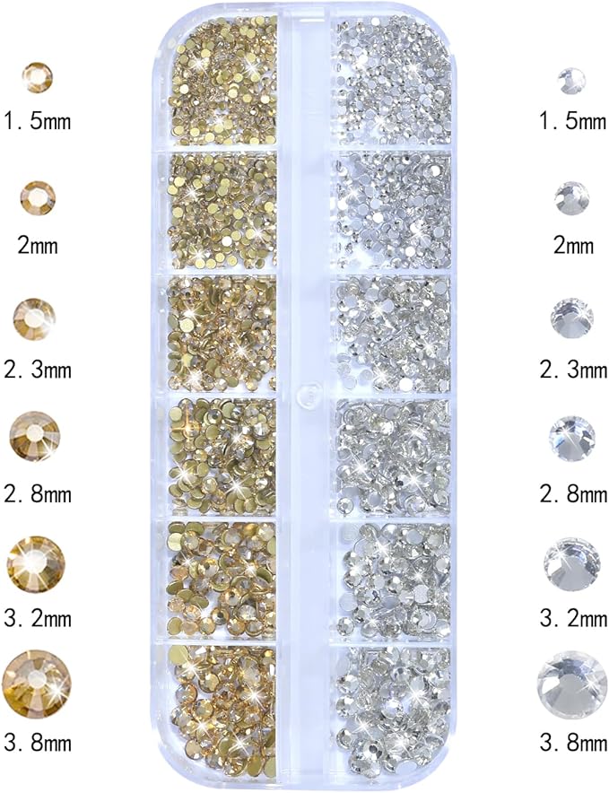 HNUIX Nail Rhinestones for nails - 3D Multi Shapes, Flat Back, Small Nail Gems, Crystal & Champagne Gold Nail Diamonds, with Kit, for Nail Art, DIY Decor