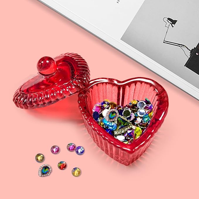 Crystal Sweet Heart Shape Acrylic Liquid Powder Glass Dappen Dish Glass Cup w Cap Lid Bowl for Acrylic Nail Art Transparent Kit (HJ-NAPB073-Red-2pcs)