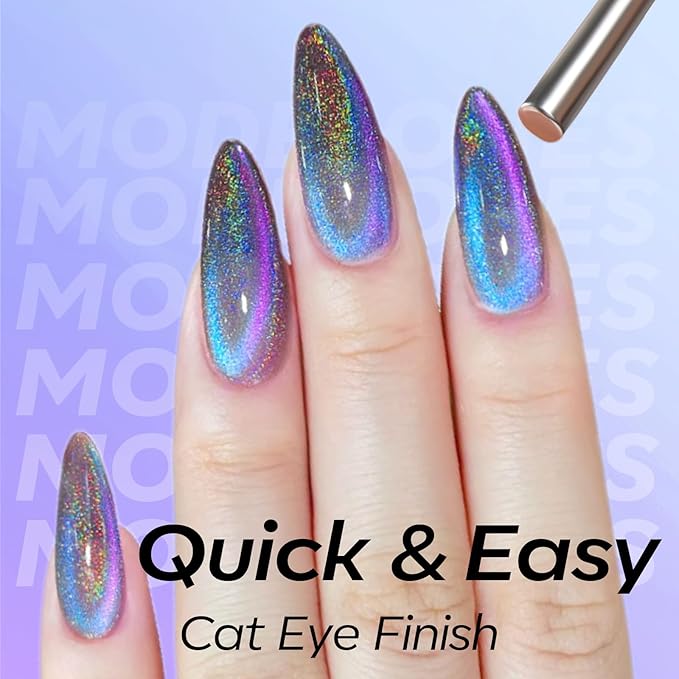 modelones 9D Magnetic Cat Eye Gel Nail Polish, 15 ML Glitter Holographic Glass Rainbow Gel Polish Blue Purple Shimmer Reflective Iridescent Soak Off U V LED Summer Nails Top Coat for Women Girl