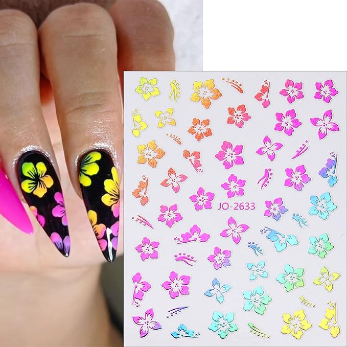8Sheets Color Flower Nail Stickers 3D Hollow Out Hibiscus Nail Decals Pink Yellow White Floral Designs Summer Cute Flowers Decals Pegatinas Uñas for Women Girls DIY Manicure Decoration Accessories