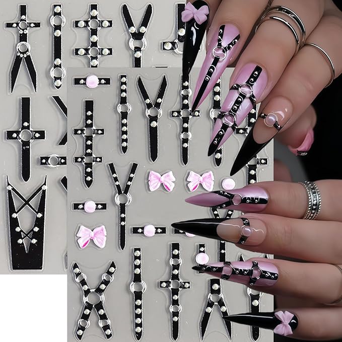 2 Sheets Black Punk Belt Nail Stickers Decals Y2K Relief Punk Nail Art Stickers 5D Embossed Leather Belt Nail Decals Black Silver Goth Belts Pink Bow Nails Design Nail Supplies for Women Manicure