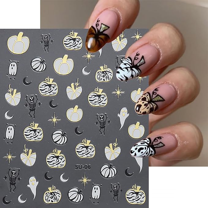 8 Sheets Halloween Nail Art Stickers Cute Ghost Spider 3D Self Adhesive Nail Stickers Gothic Pumpkin Nail Decals Gothic Skeleton Spooky Nail Design Stickers Halloween DIY Manicure Supplies