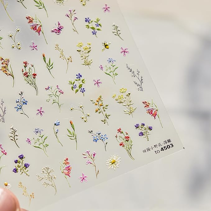1Pcs Embossed Flower Nail Stickers Small Daisy Nail Decals 5D Embossed Wildflower Nail Art Stickers Spring Summer Pink Yellow Blue White Green Flower Design Nail Art Decoration for Women Girls Kids