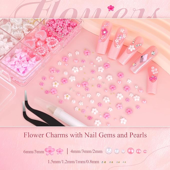 Chunky Nail Charms and Gems Set 1, Girly Coquette Nail Charms + Assorted Pearl Bows Heart Star Moon + Cute 3D Flowers for Nails + Pink & White Flatback Pearls with Pickup Tool for Kawaii Nail Design