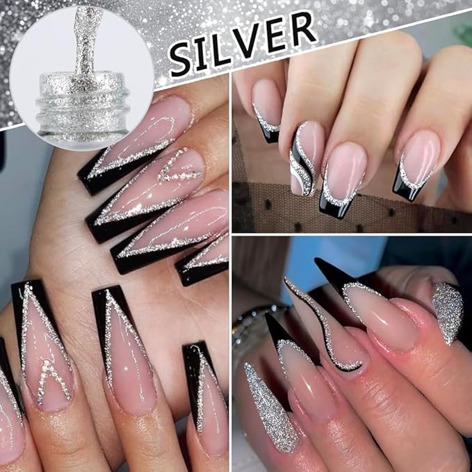 Gel Nail Polish Liner Set 2pcs 8ml Reflective Glitter Silver Gold Gel Nail Polish for Painting Drawing Line Swirl French Nail Design Build in Thin Brush Soak Off UV/LED Manicure Set
