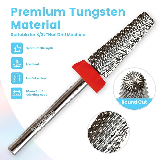 16mm 5 in 1 Tapered Barrel Nail Drill Bits, 3/32'' Safety Tungsten Carbide Bits, Right & Left Rotation, Manicure Cuticle Gel Acrylic Removal Polishing, Technicians Bits, Fine.
