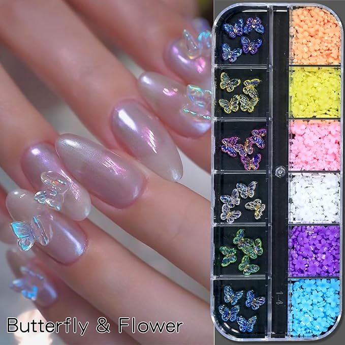 HNUIX Nail Art Charms - 3D Multiple Shapes Size, Flatback Rhinestones and Gems, Pearls, Butterfly, Bow, Flowers, Caviar Beads, with Kit, 6 Boxes, for Nail Art