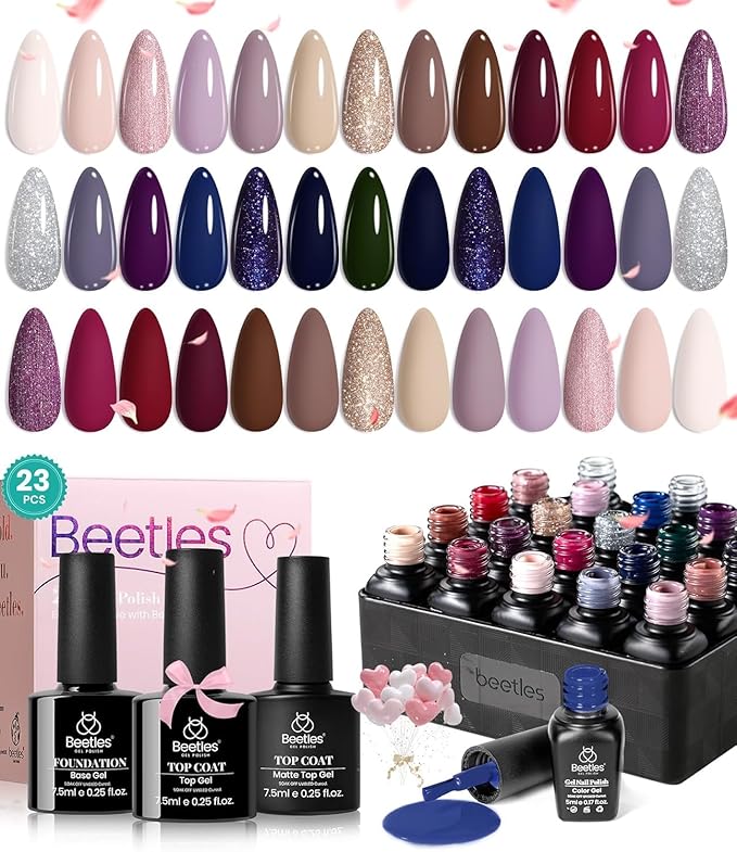 Beetles Winter Gel Polish Set 20 Colors Neutral Shimmer Red Nude Brown Gel Nail Polish Kit with Base Coat Matte Glossy Top Coat Soak off Uv Lamp Manicure Set Gift for Women Sophisticated Charm