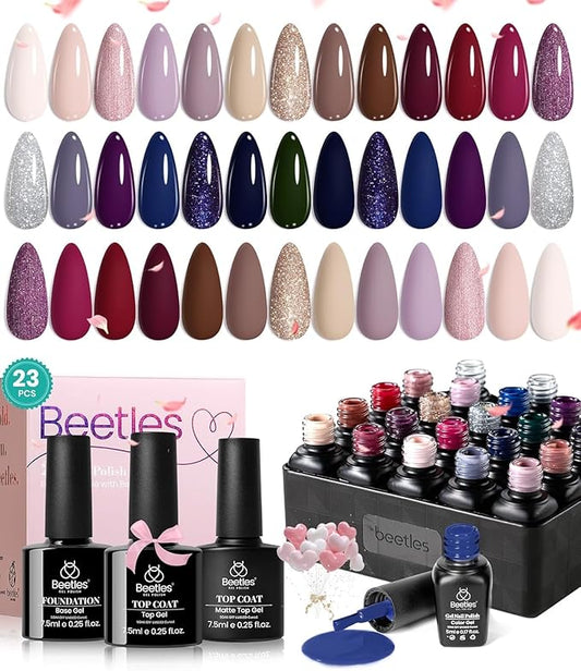 Beetles Winter Gel Polish Set 20 Colors Neutral Shimmer Red Nude Brown Gel Nail Polish Kit with Base Coat Matte Glossy Top Coat Soak off Uv Lamp Manicure Set Gift for Women Sophisticated Charm