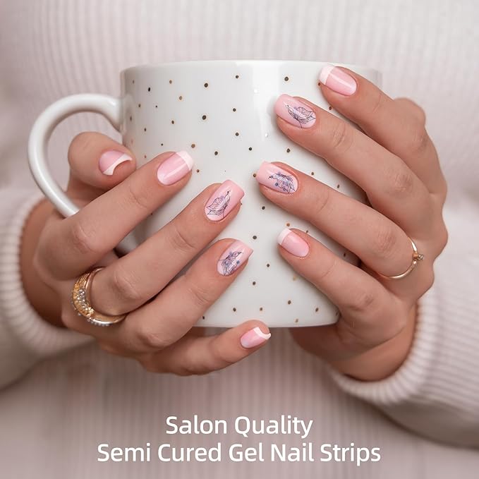 Semi Cured Gel Nail Strips | 28 pcs Gel Nails Strips for Women Work with Any UV Lamp, UV Nail Stickers for Women Home DIY Nails Art (French Butterfly)