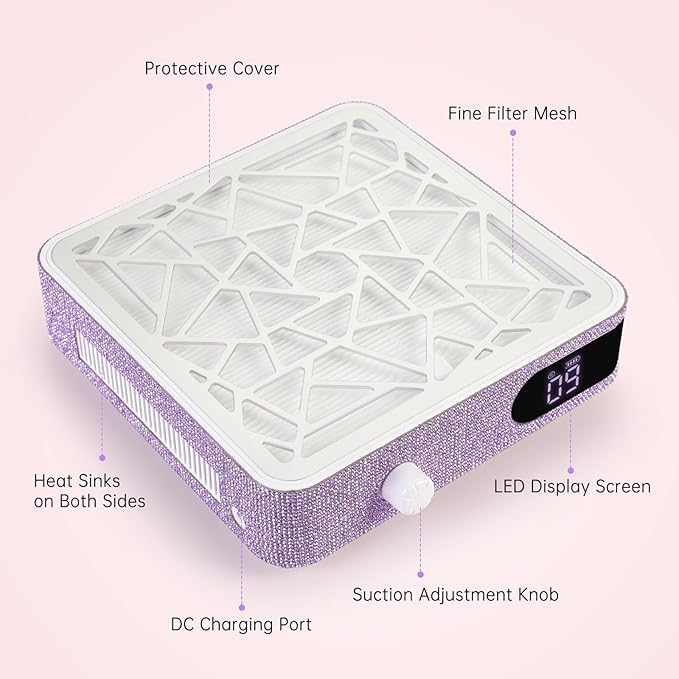 Nail Dust Collector, Powerful Vacuum Fan Vent Dust Collector Extractor Dust Suction Machine for Acrylic Nails Polishing, Nail Salon&Home, Purple Diamond