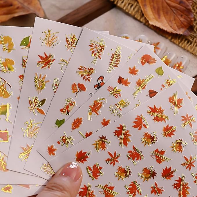 Autumn Nail Art Stickers Pumpkin Nail Stickers for Nail Maple Leaf Nail Decals Fall Leaves Wheat Foxes Design Gold Thanksgiving Nais Sticker for Decor Holiday Manicure Supplies for Women 6 Sheets