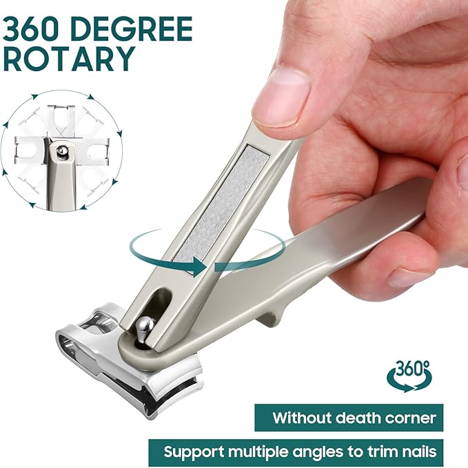 Nail Clippers for Seniors, 360 Degree Rotary Fingernail and Toenail Clippers with Long Handle Ultra Sharp Sturdy Stainless Steel Heavy Duty Large Toe Nail Clippers for Thick Nails Built-in Nail File